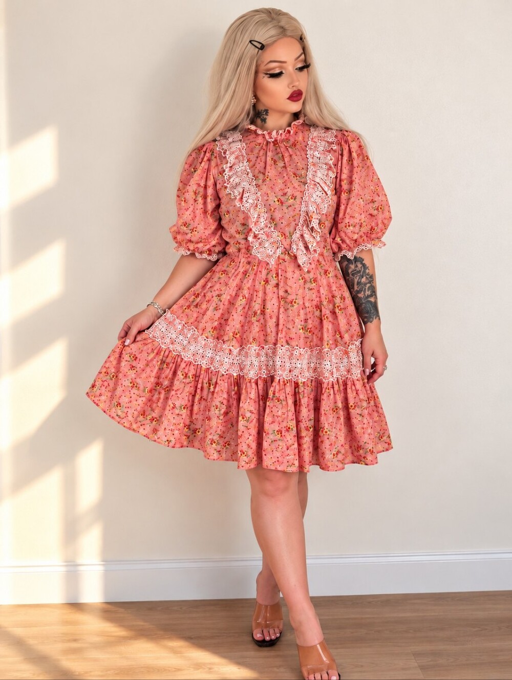 byTiMo Norwegian Designer Pink Floral Prairie Dress Eyelet Lace Ruffle Size M